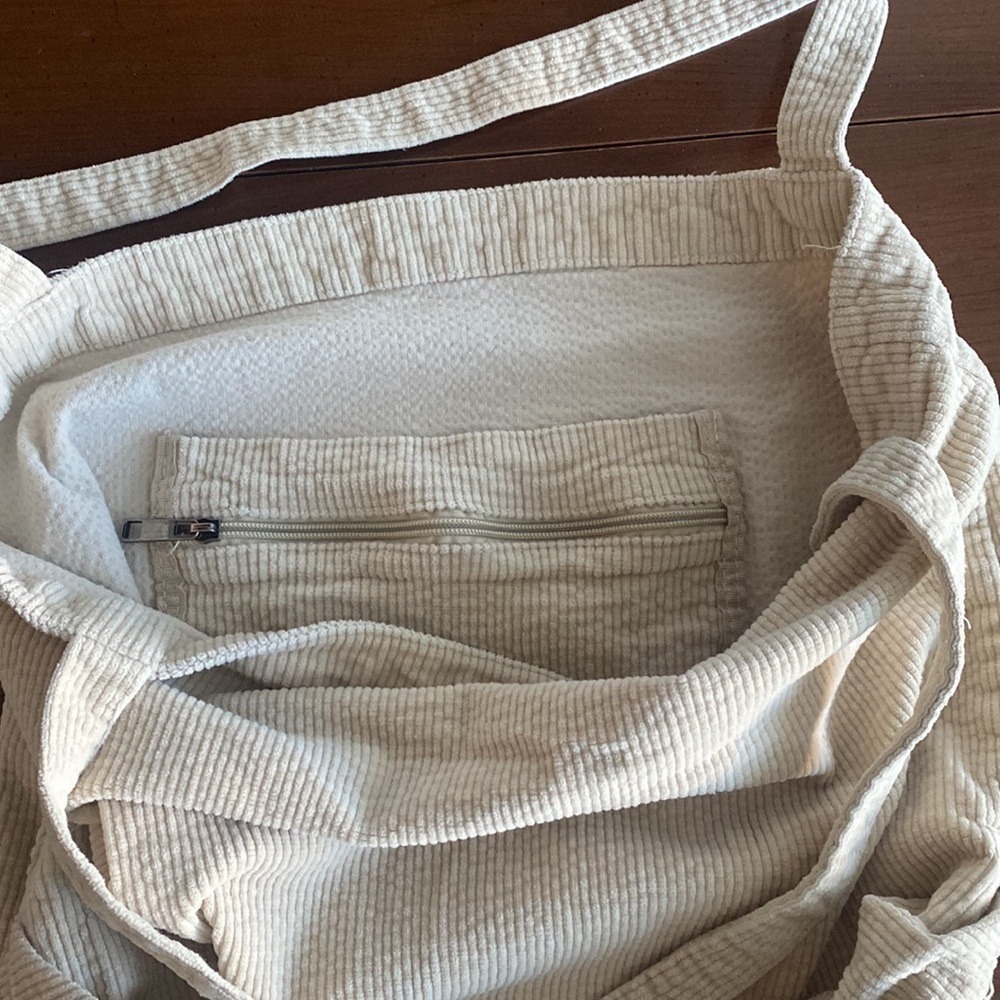 Corduroy Tote Bag Large Beige Slouchy Shoulder Bag with Inner Pocket - Picture 6 of 7